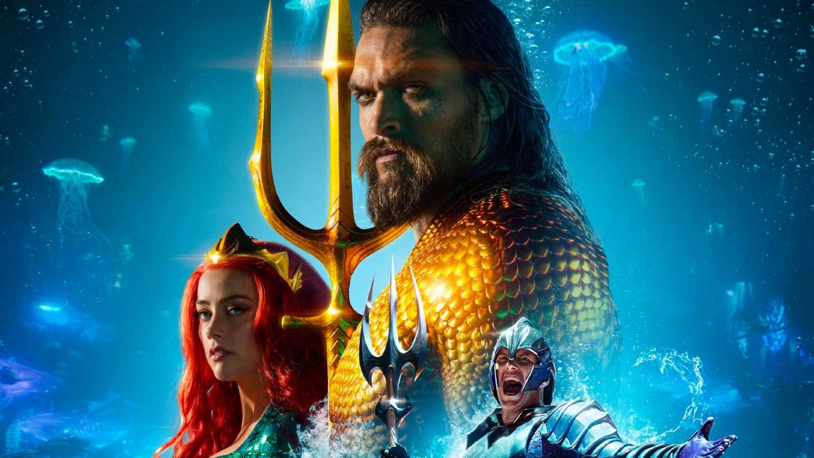 The poster for Aquaman with Jason Momoa, Amber Heard, and Patrick Wilson