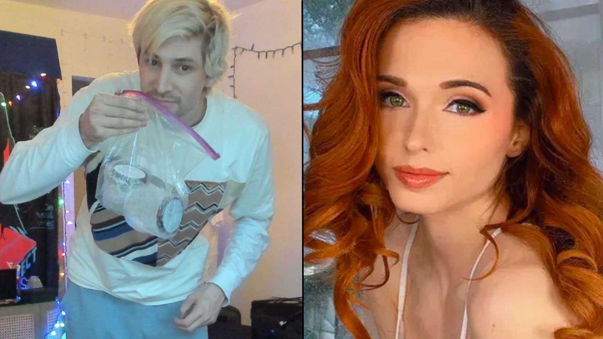 xQc sniffing bag of water next to Amouranth