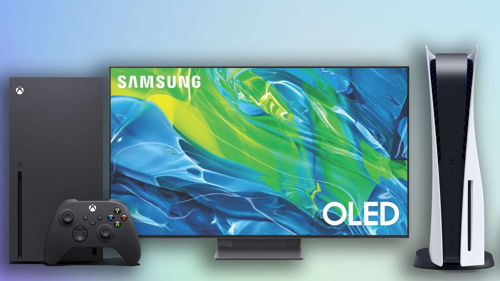 TV with Xbox and PS5 on gradient background