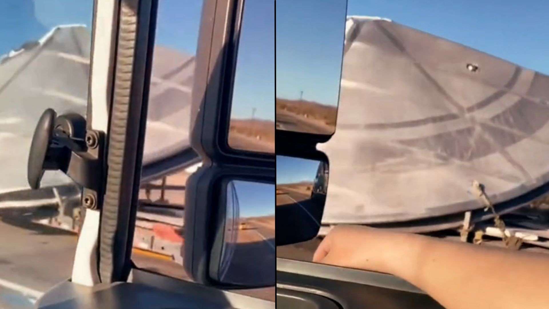 Screenshot of trucker video truck driving past with gray, circle cargo