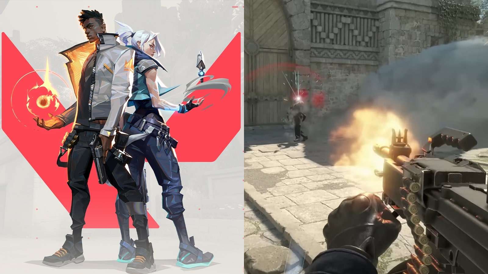 Valorant's Phoenix and Jett on the left and a player shooting a negev in Counter-Strike 2 on the right
