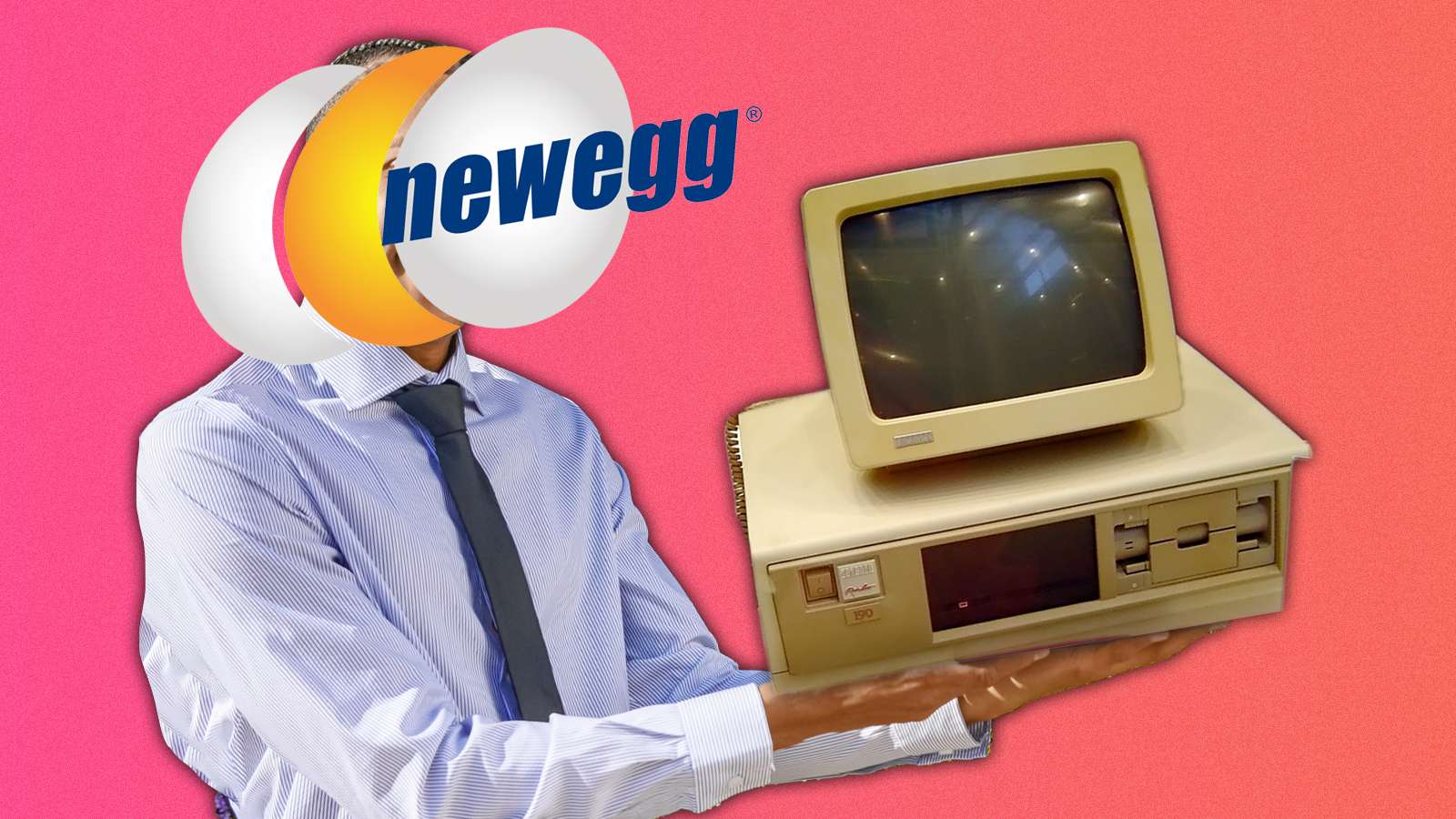 A person with a Newegg logo for a face holding an old PC.