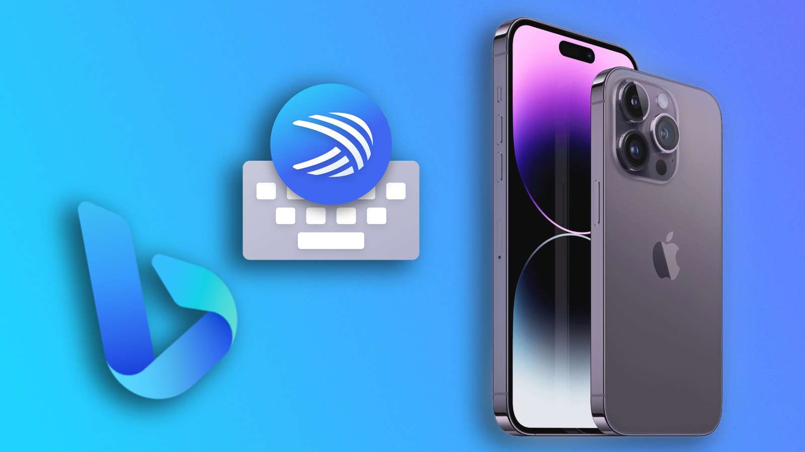 Bing logo, Swiftkey logo and iPhone on blue background