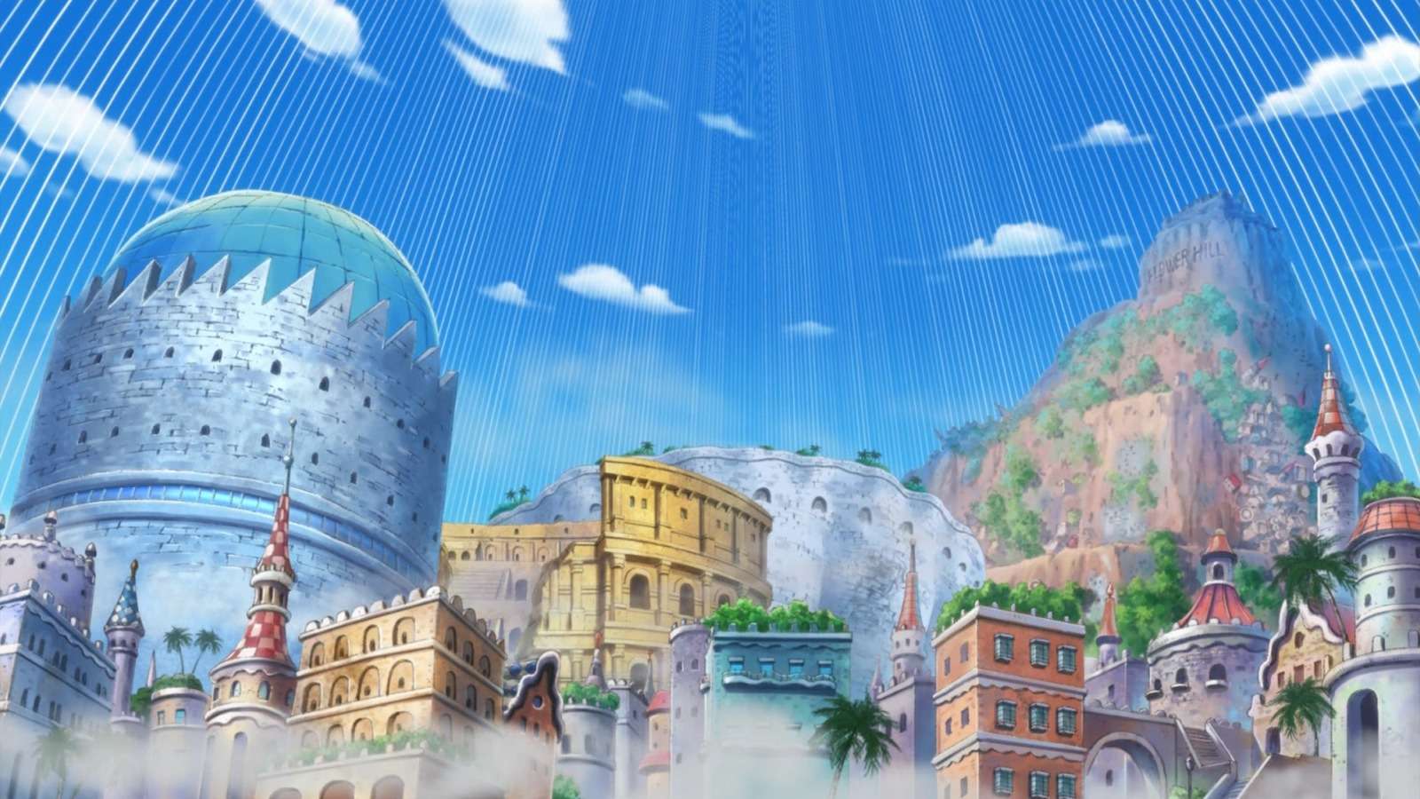 An image of Dressrosa's architecture in One Piece