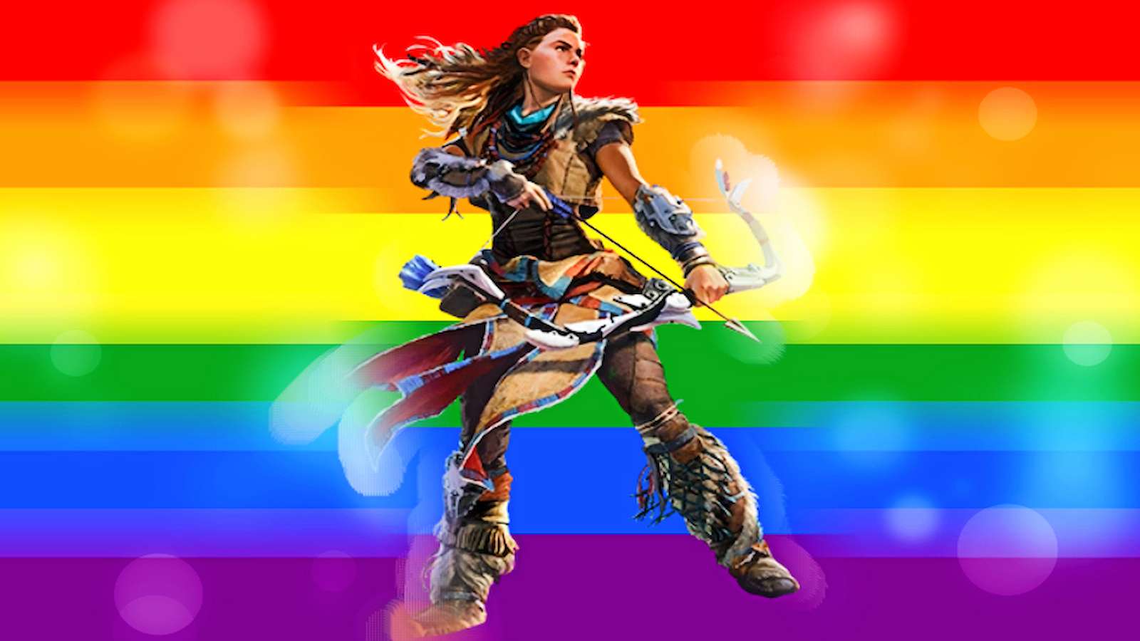 Aloy standing in front of the pride flag