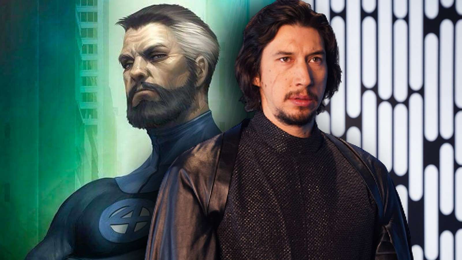 A still of Reed Richards of the Fantastic Four in the Marvel comics and Adam Driver in Star Wars