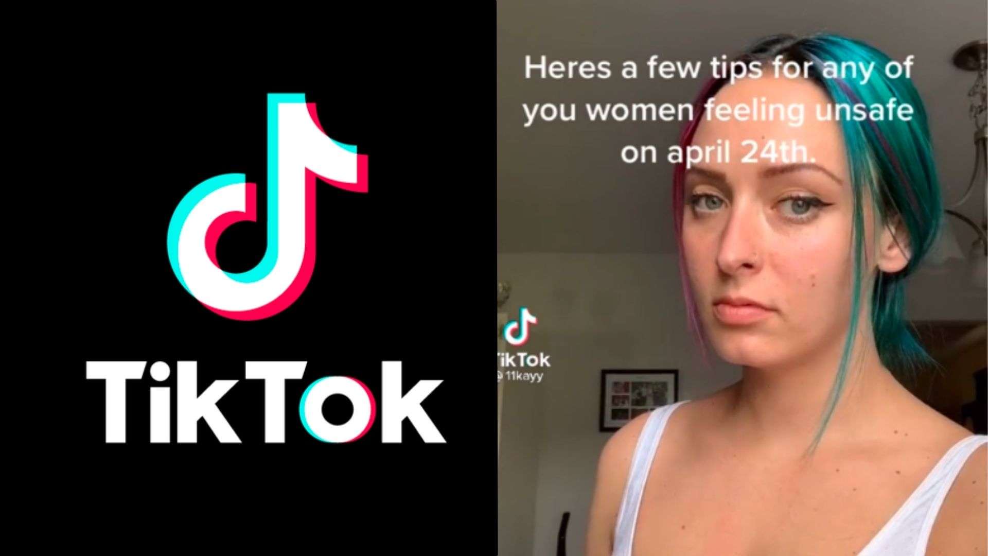 TikTok logo alongside woman looking at screen with caption for tips