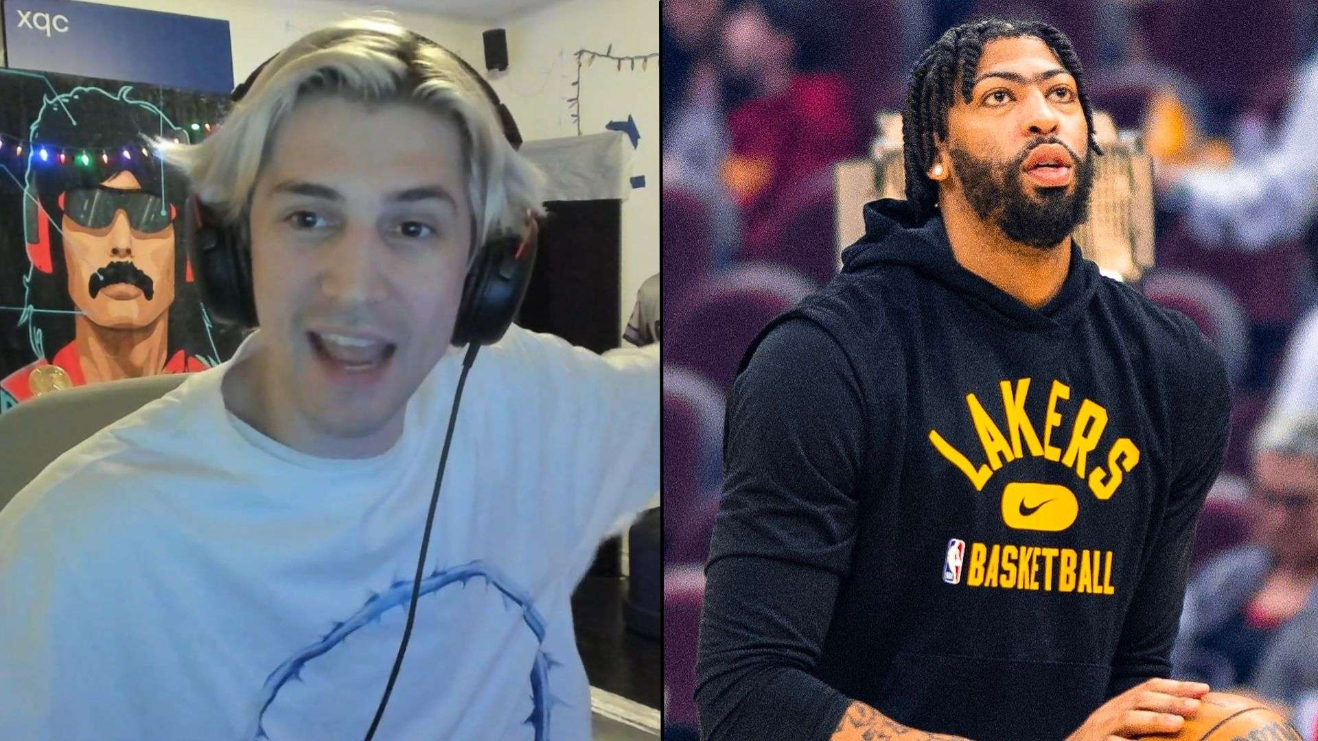 xQc in white shirt alongside Anthony Davis in black and yellow hoodie shooting basketball