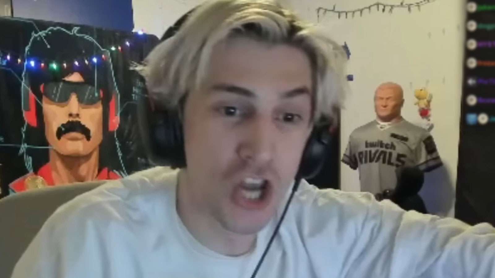 Twitch streamer xQc wearing white t-shirt and HyperX gaming headset