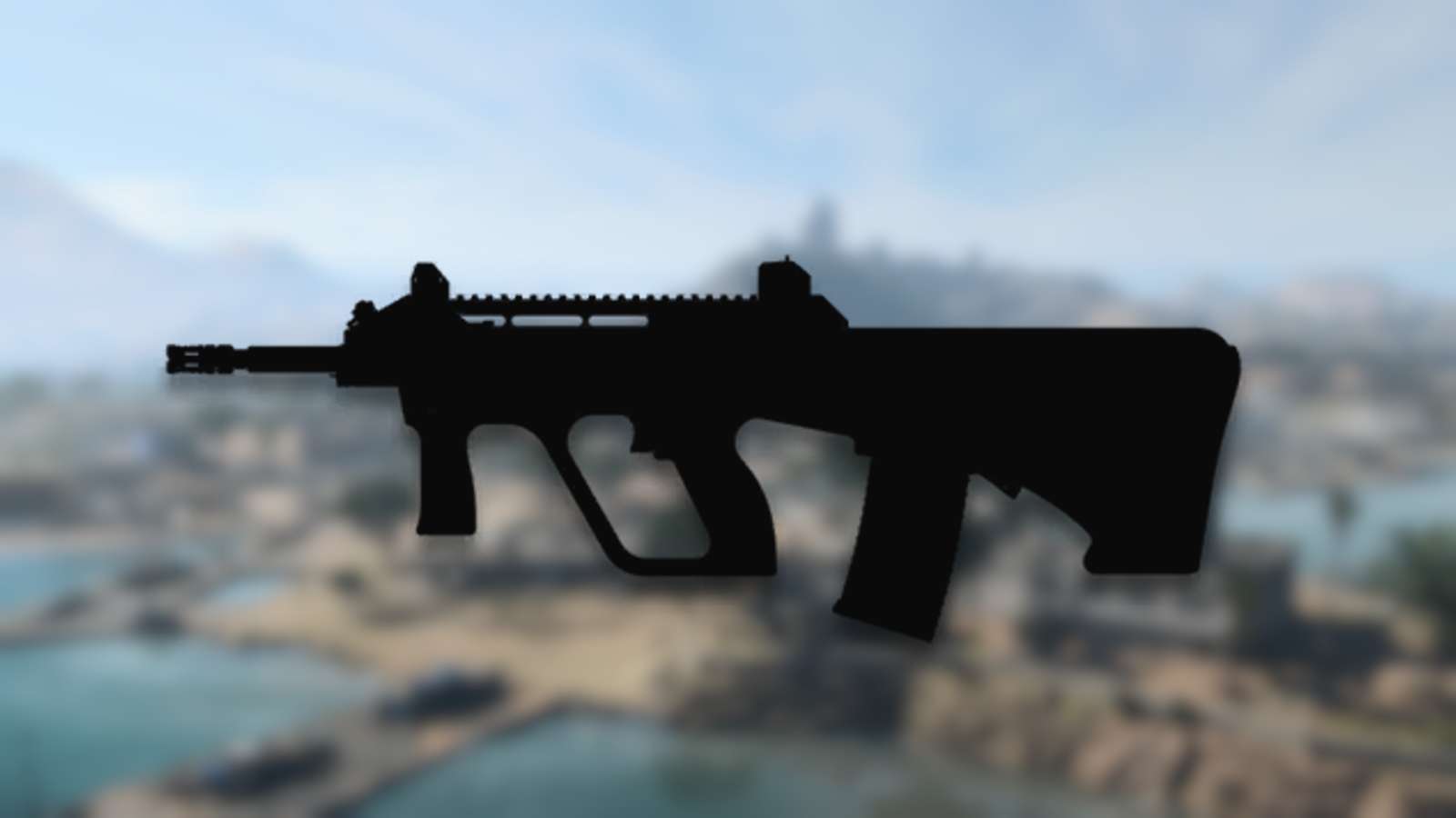 silhouette of stb 556 assault rifle with blurred al mazrah in background
