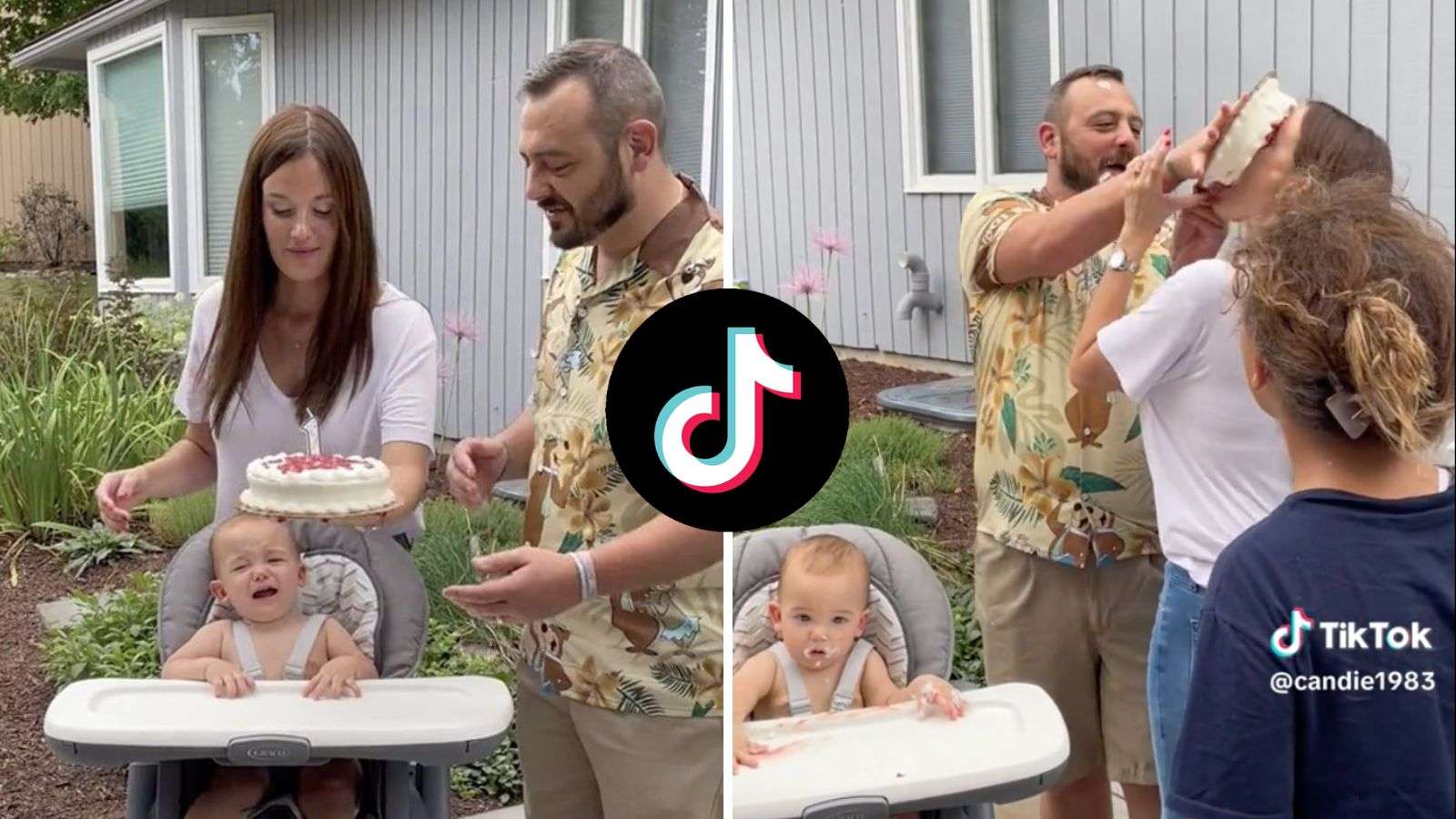 Husband smashing birthday cake onto his wife's face