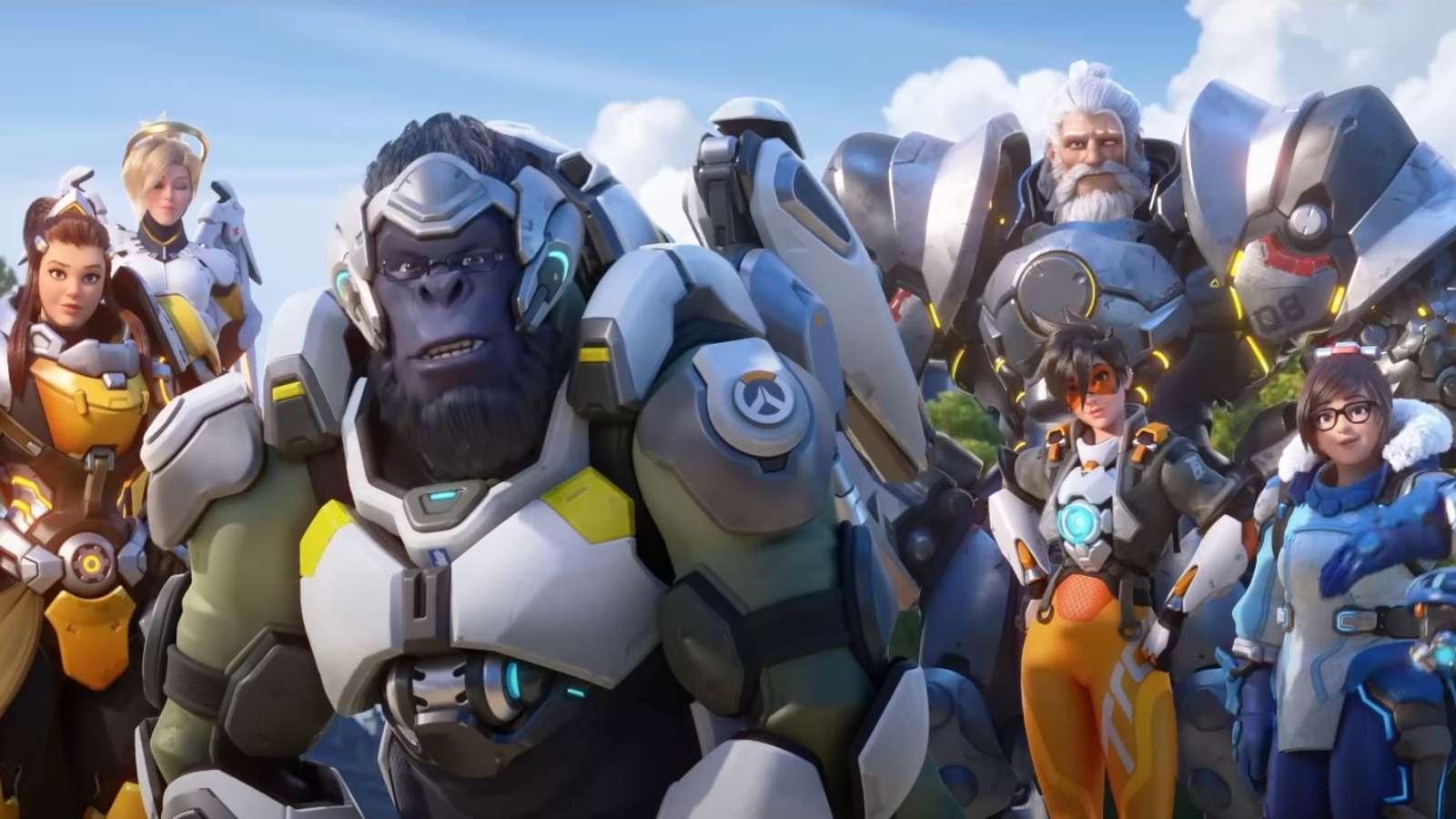 Overwatch 2 heroes lined up in the Overwatch 2 announcement cinematic