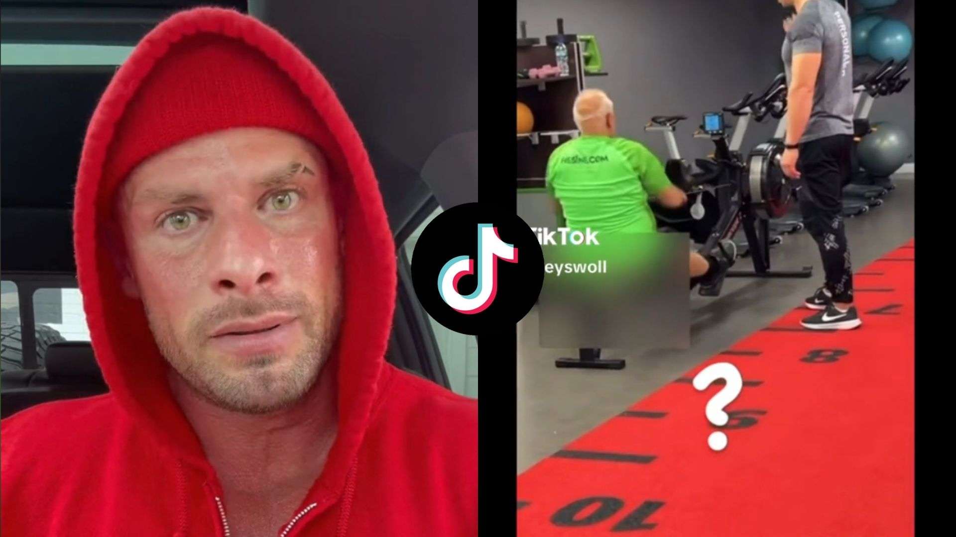 Joey Swoll in red hoodie side by side with screenshot of man in gym
