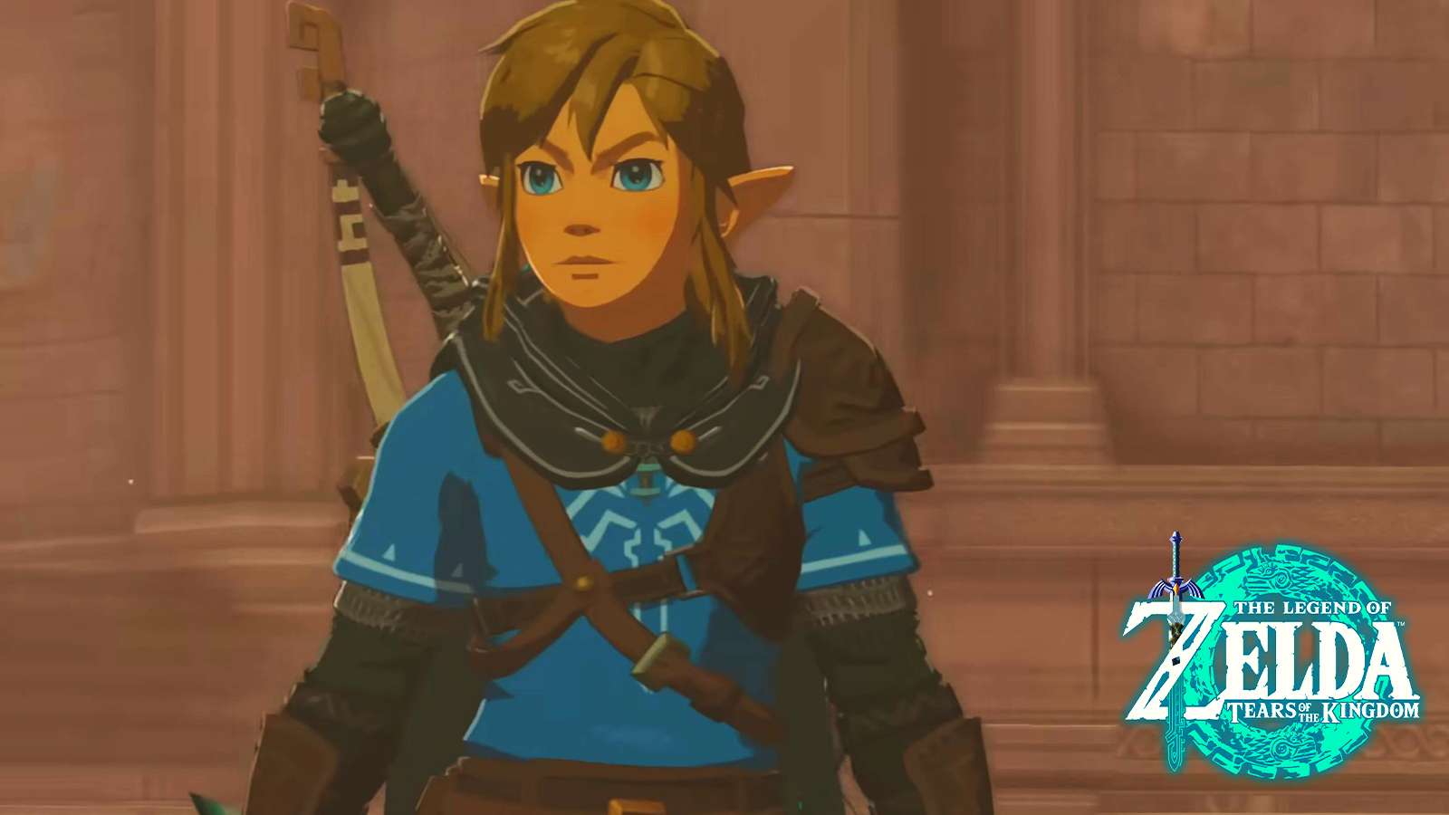 an image of Link standing with a sword in his back in Tears of the Kingdom