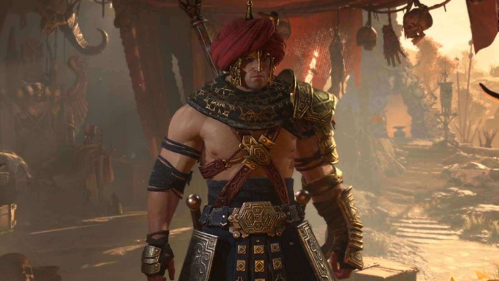 a muscular character in Diablo 4 wearing a red turban