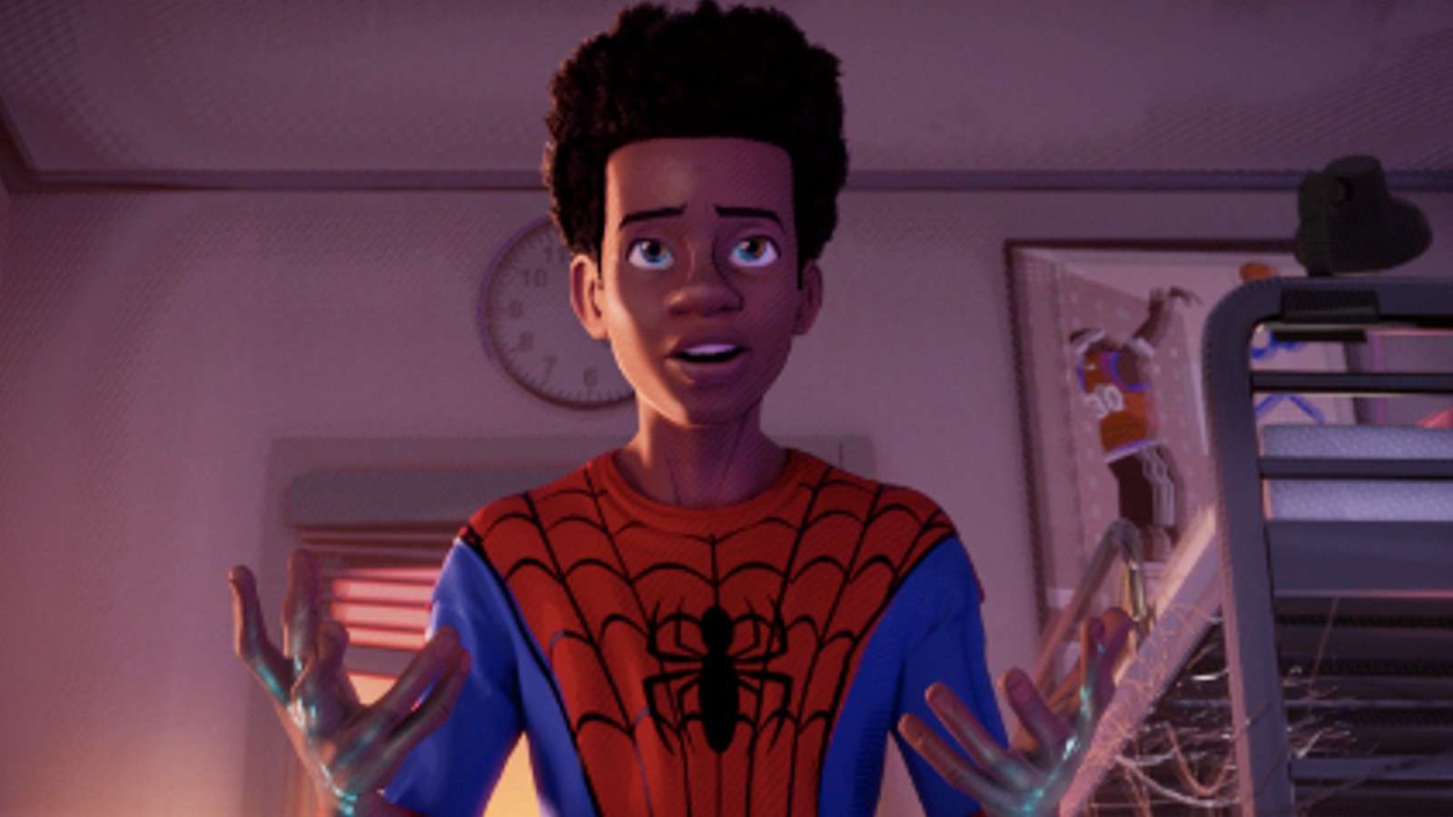 A close up of Miles Morales in his Spider-Man suit in Spider-Man: Into the Spider-Verse