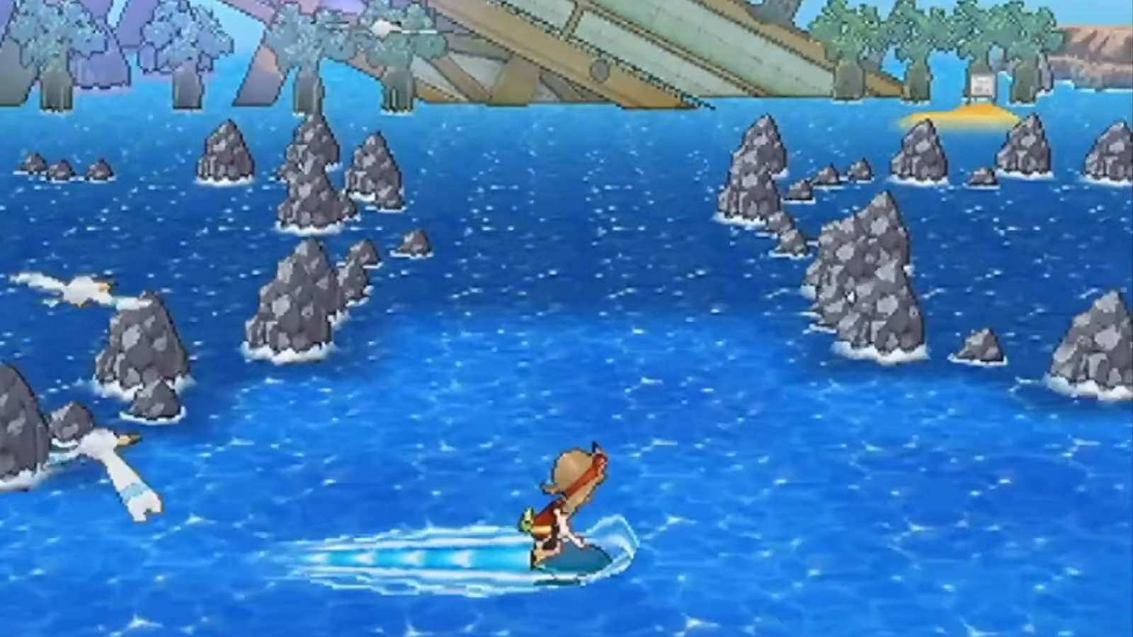 Protagonist May surfing in Pokemon Omega Ruby and Alpha Sapphire.