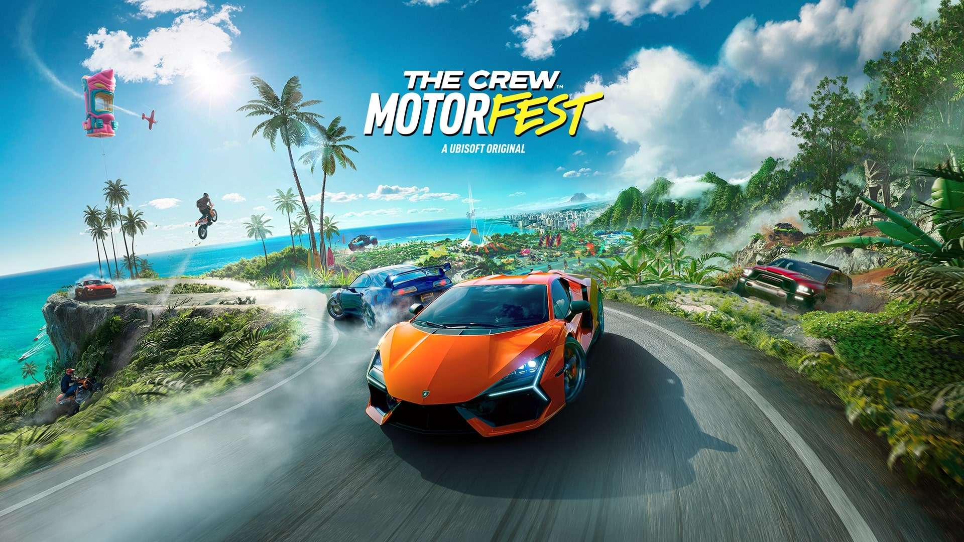 A Lamborghini leads other cars in a race in Hawaii in The Crew Motorfest