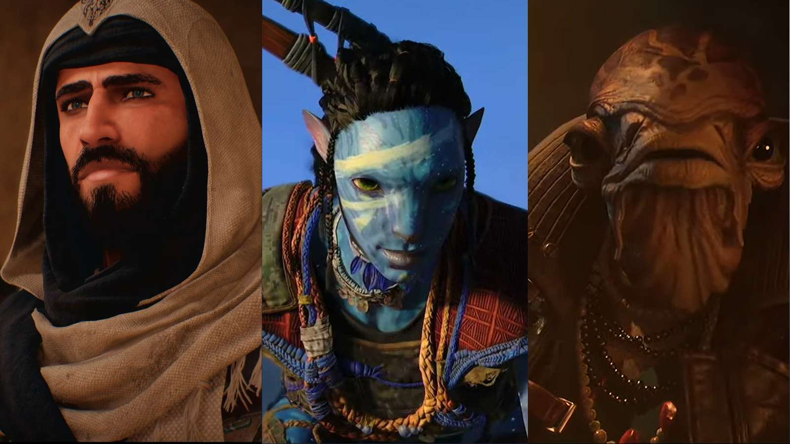 an image of some characters from Assassin's Creed Mirage, Avatar: Frontiers of Pandora and Star Wars Outlaws from Ubisoft Forward 2023