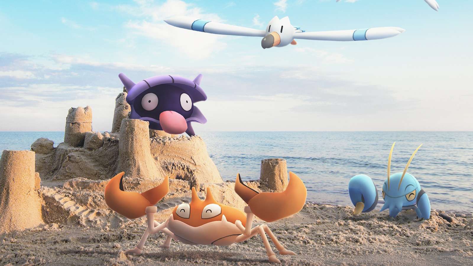 Promo image for Pokemon Go beach event featuring Shellder, Wingull, Krabby, and Clauncher.