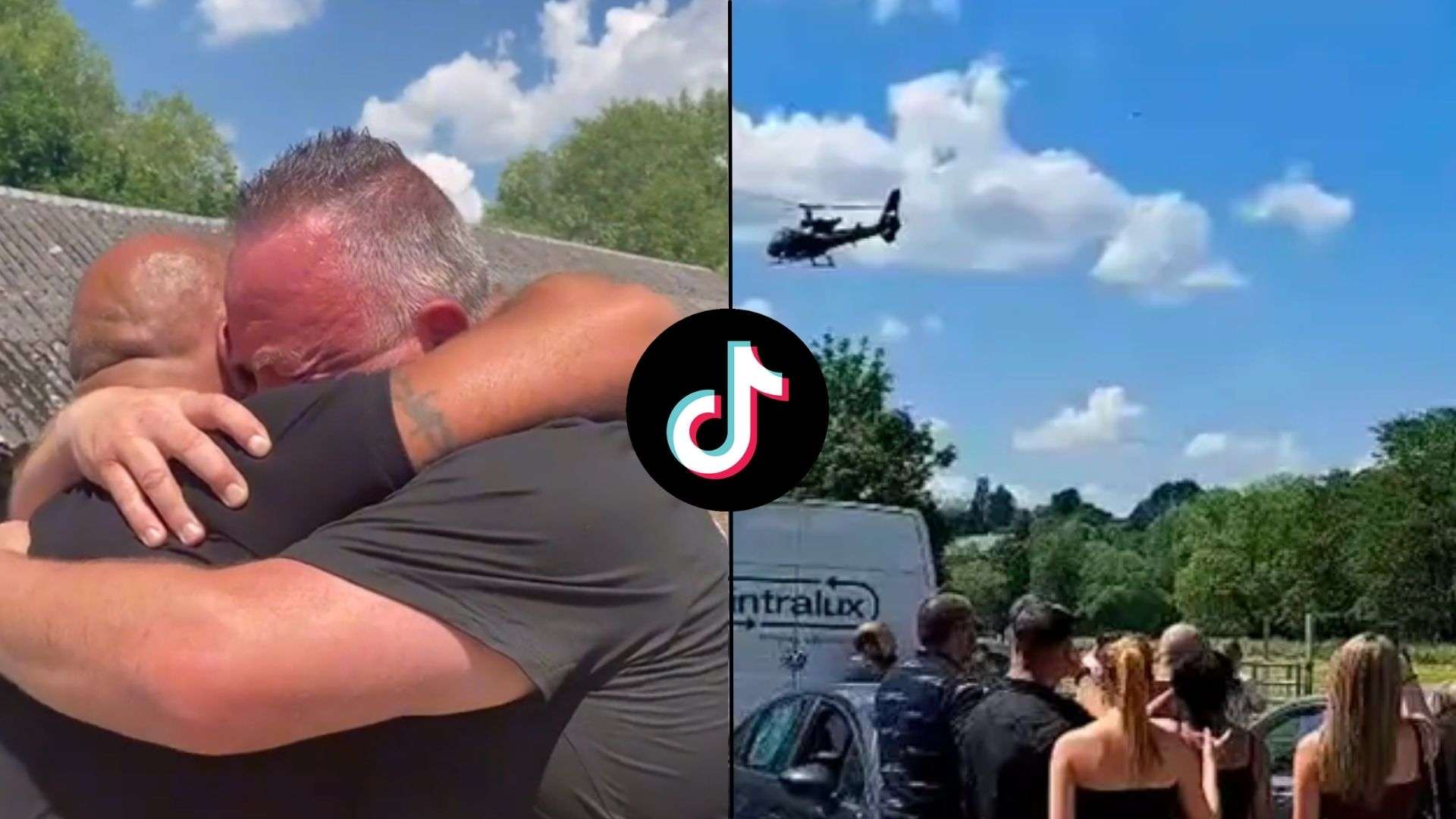Men hugging side by side with helicopter landing as people watch