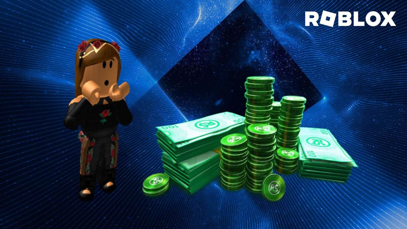 Stacks of Robux and a Roblox Avatar