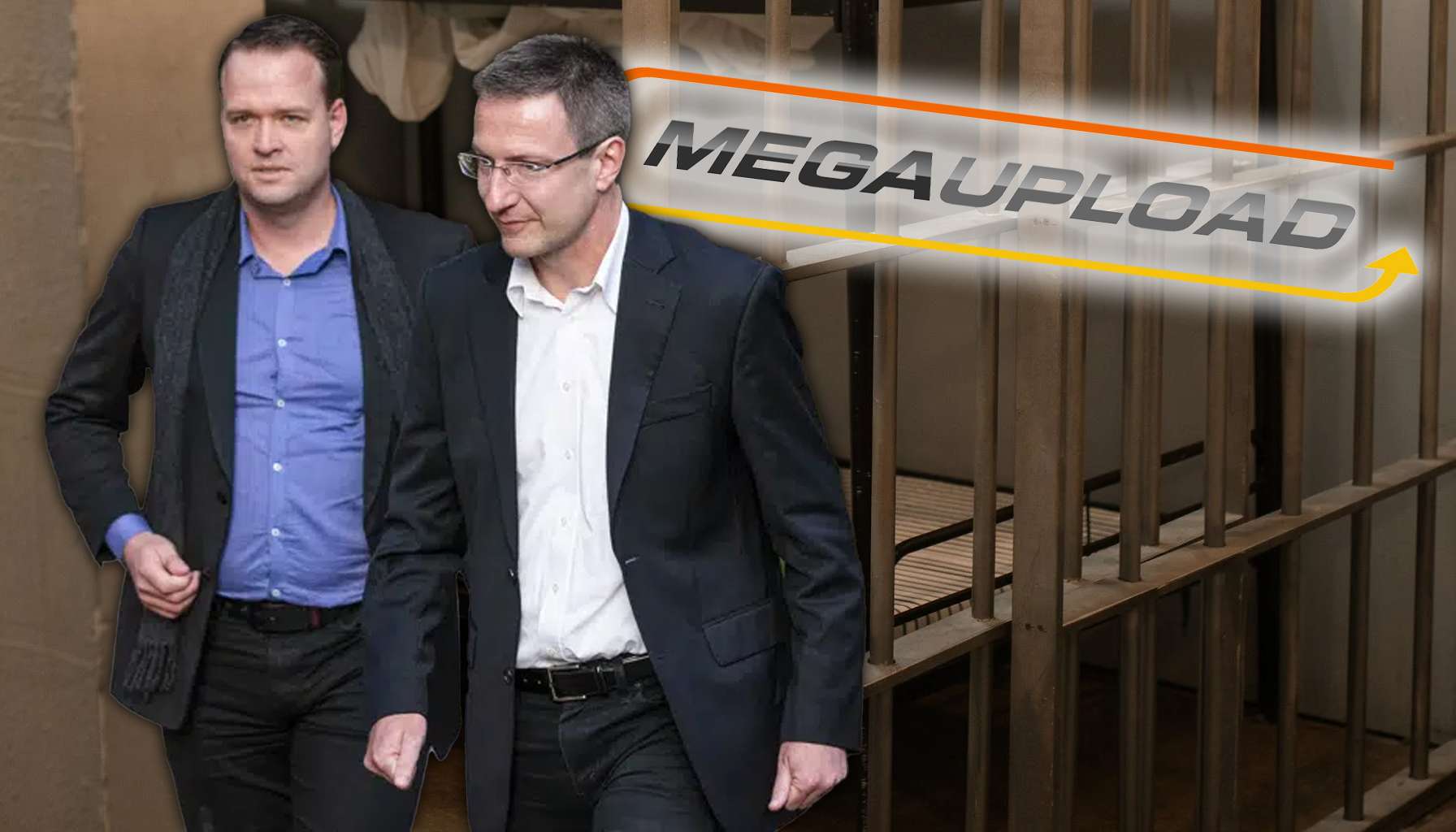 megaupload admins with logo and jail behind