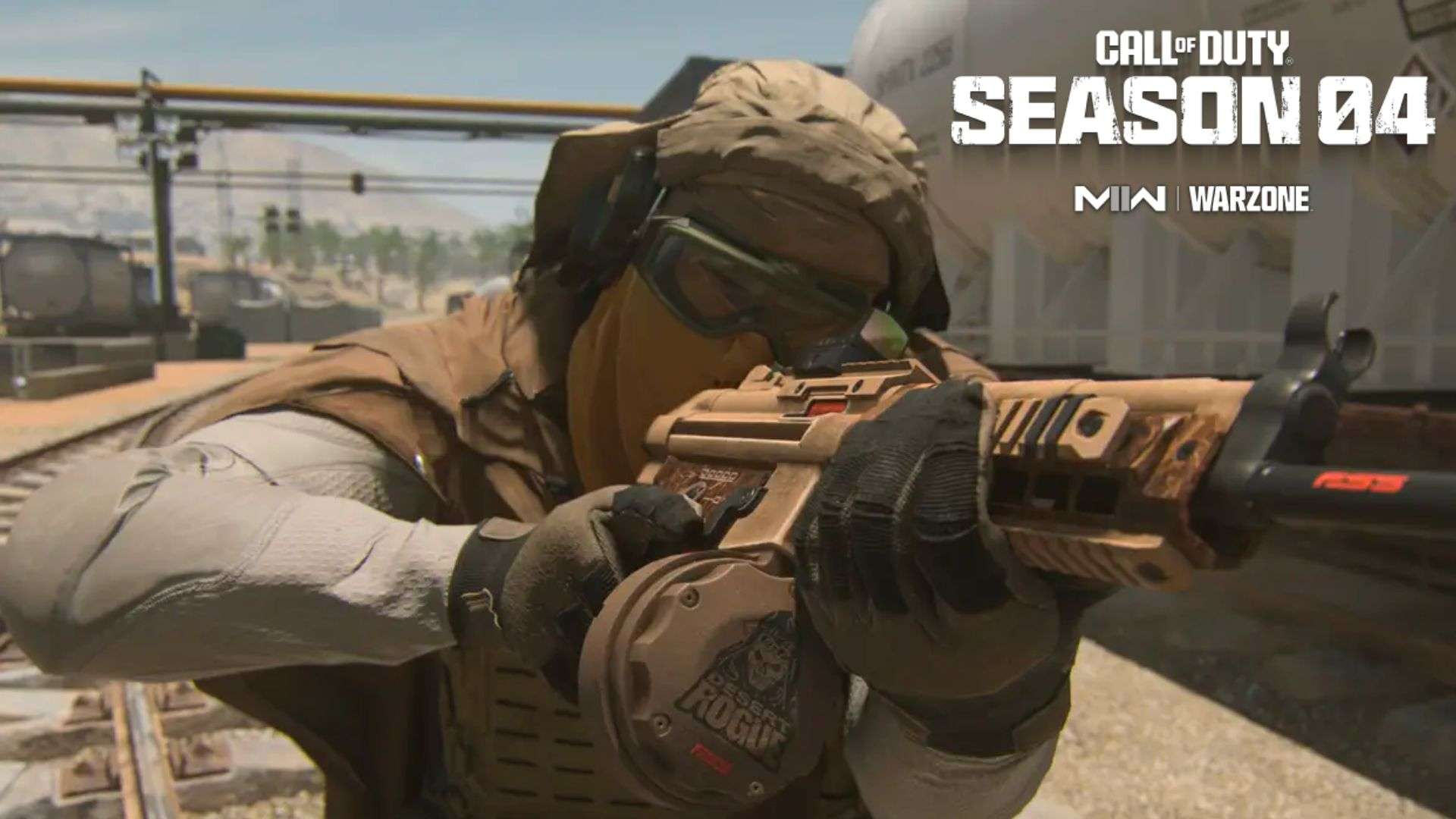 Warzone 2 operator aiming LMG at player in desert setting