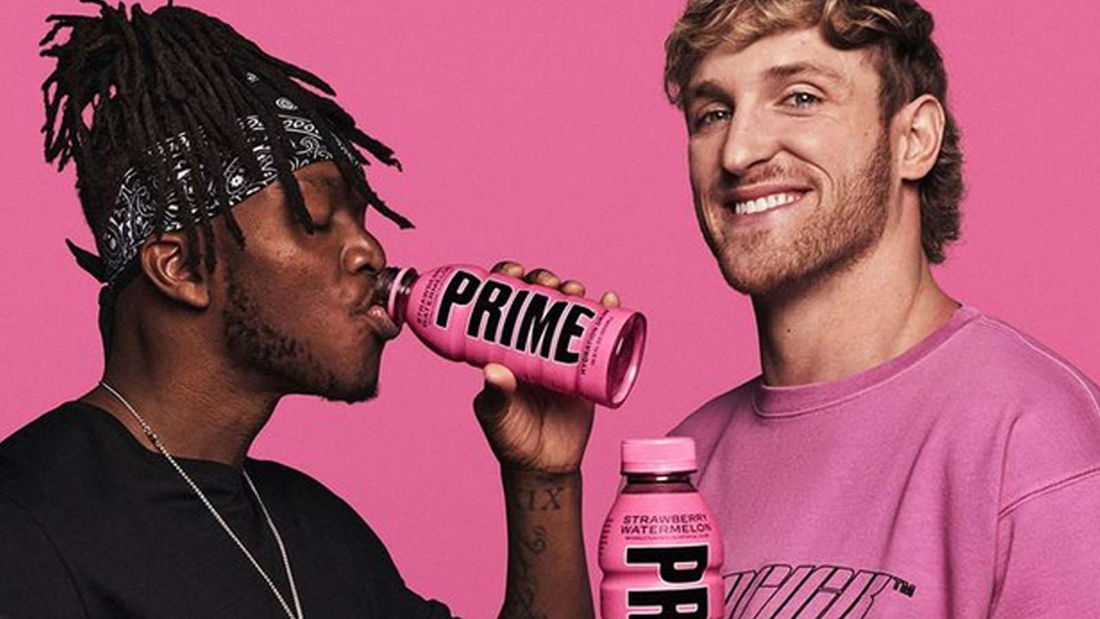 YouTubers KSI and Logan Paul holding Prime Hydration Strawberry Watermelon bottle