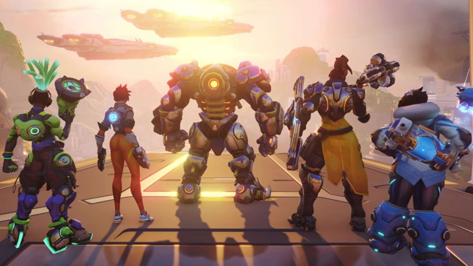 overwatch 2 team with reinhardt, lucio, tracer, mei and brig