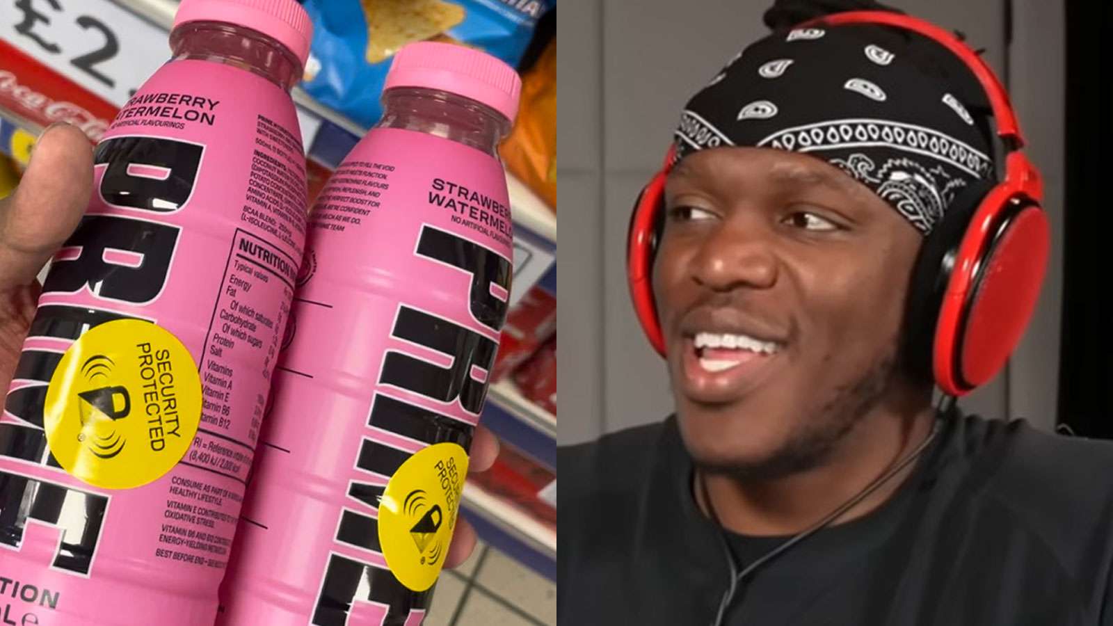 Prime Strawberry Watermelon flavor with security sticker on the bottle next to KSI