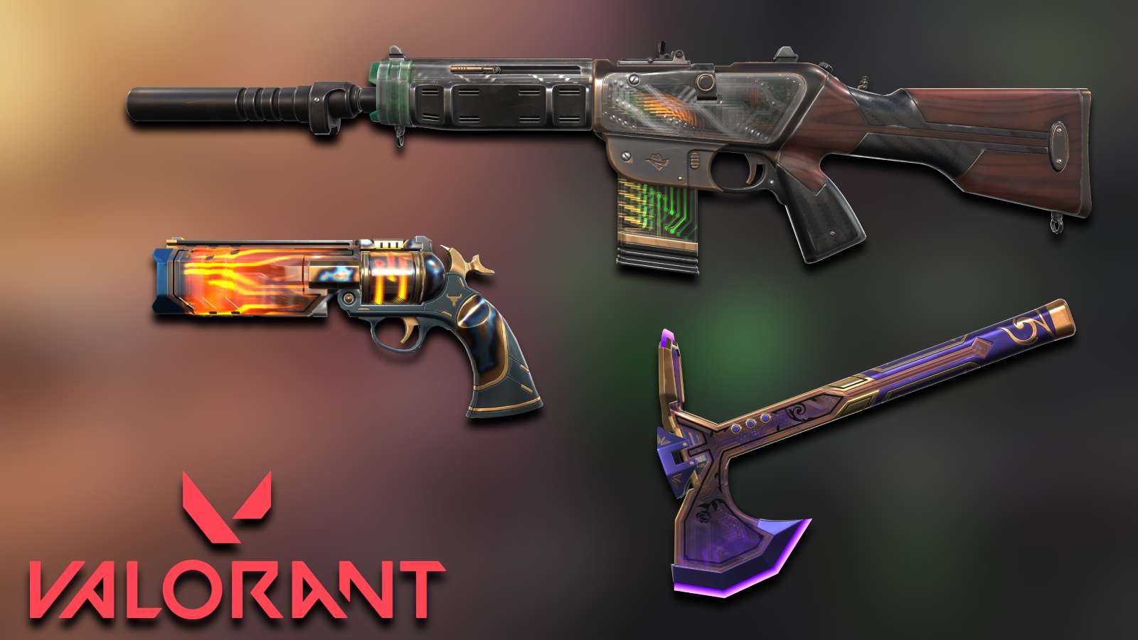 Neo Frontier Skinline in Valorant featuring Phantom, Sheriff, and Melee (Axe) skin variants