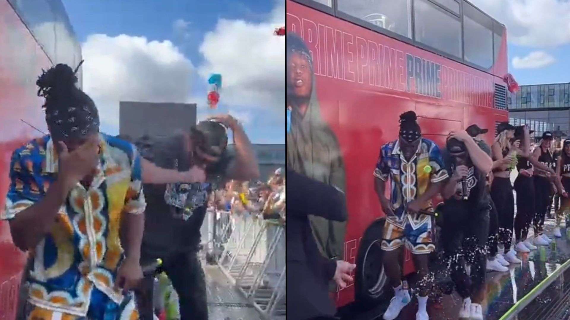 KSI and Logan Paul ducking from Prime bottles being thrown at them