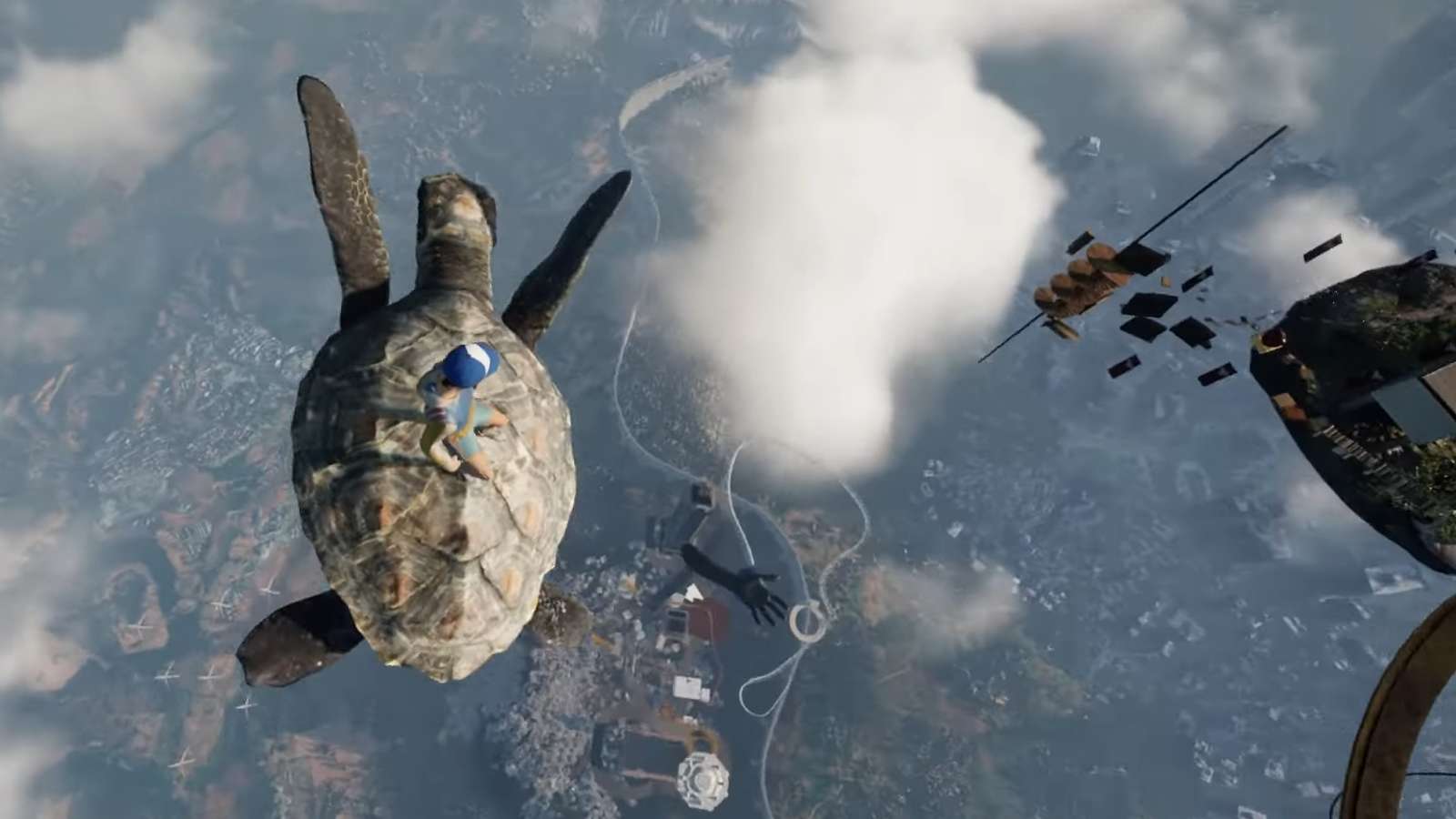 Player on turtle's back during playthrough of Only Up from trailer.