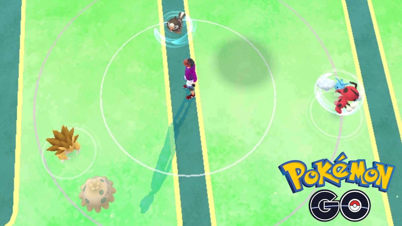 Pokemon GO gameplay in open world with official logo in bottom right corner.