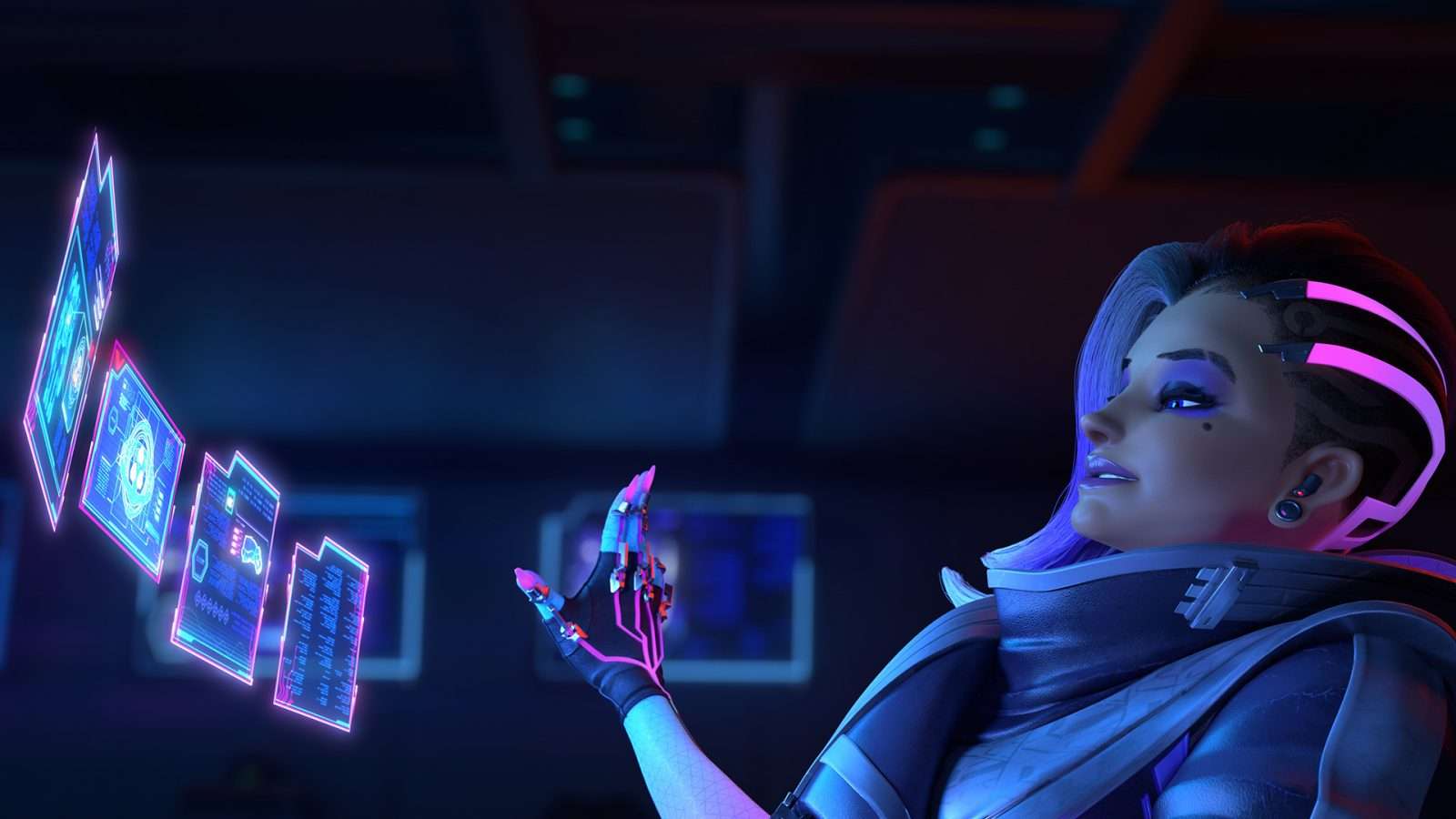 Sombra swiping on her computer screens