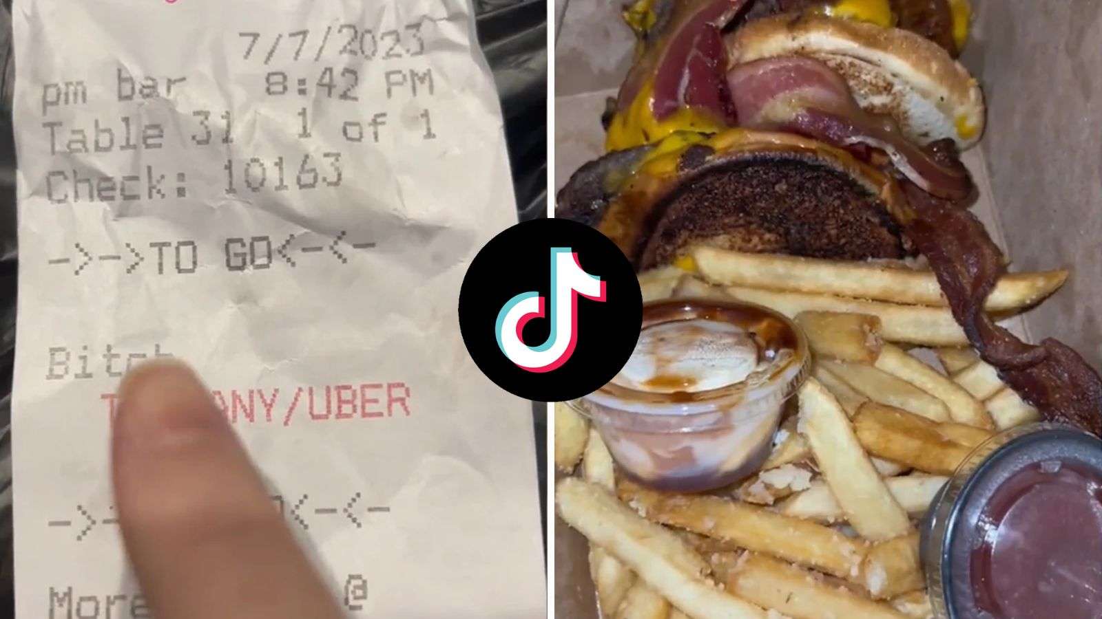 Photo 1 shows receipt, which says "B*tch." Photo 2 shows Uber Eats customer's food.