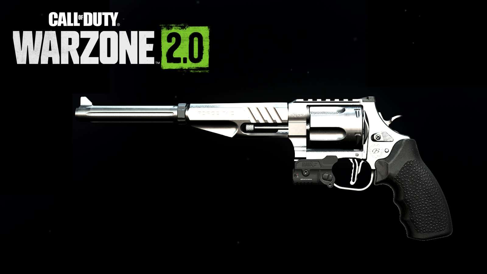 The Basilisk revolver handgun from Warzone 2 with logo in top left corner.