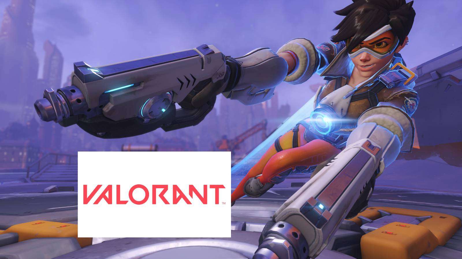 Overwatch's Tracer with the Valorant logo in the bottom corner