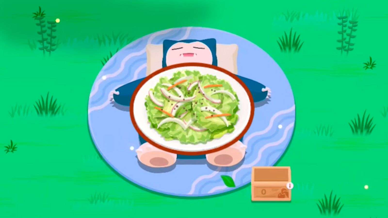 A salad recipe in front of Snorlax in Pokemon Sleep