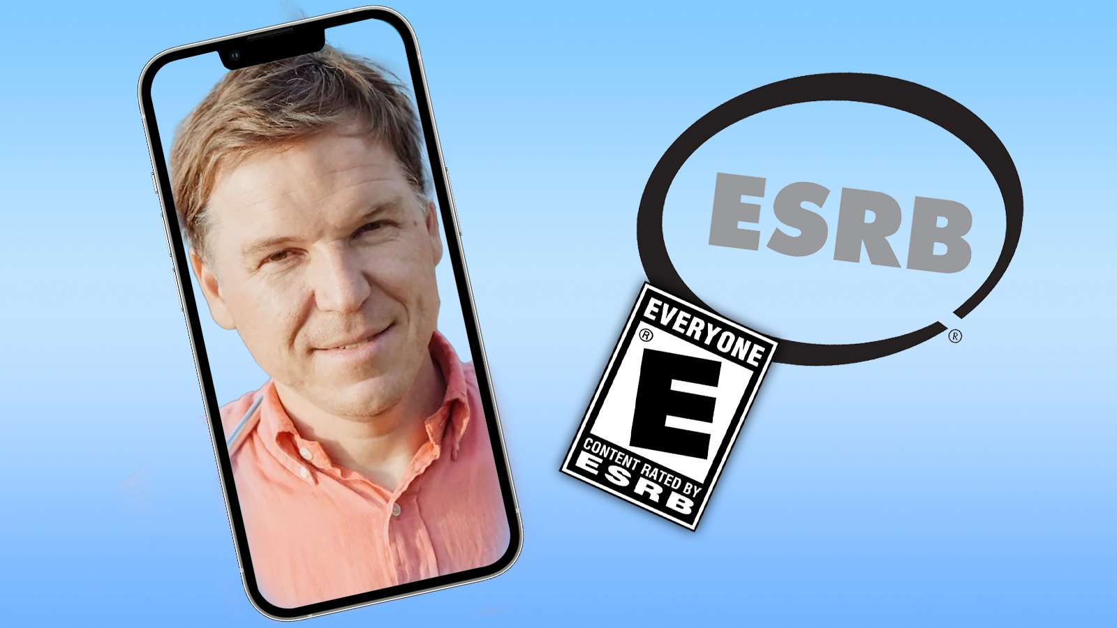 ESRB logo, with rating and a dad in a phone