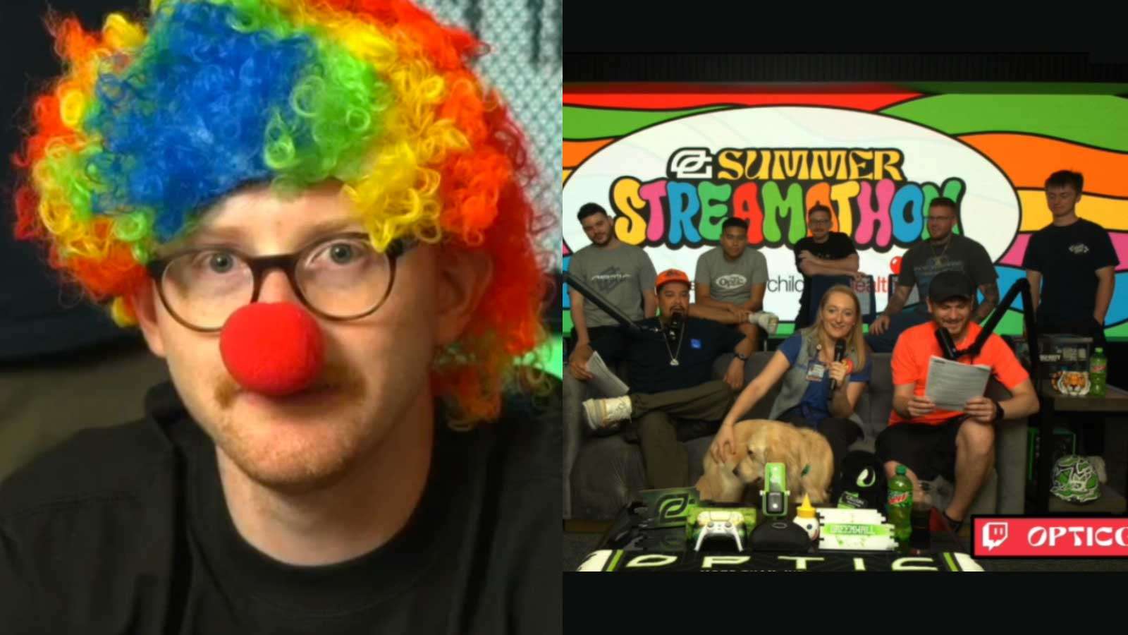 Scump dressed up as a clown and OptTic gaming livestreaming the OpTic Streamathon stream.