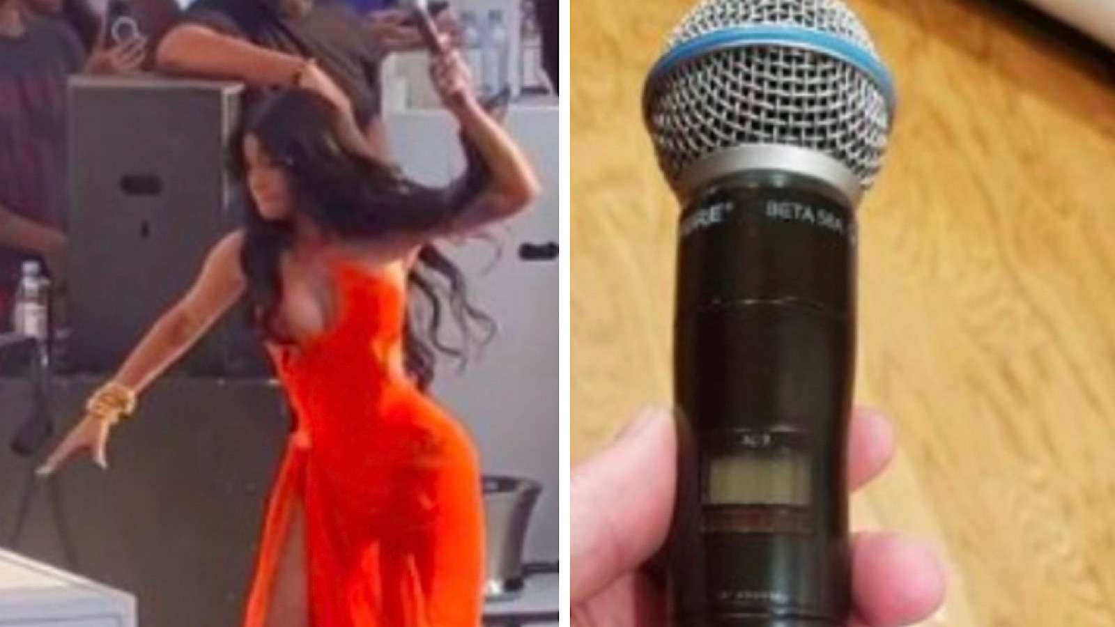 Cardi B throws a microphone at a fan for splashing the rapper with water.