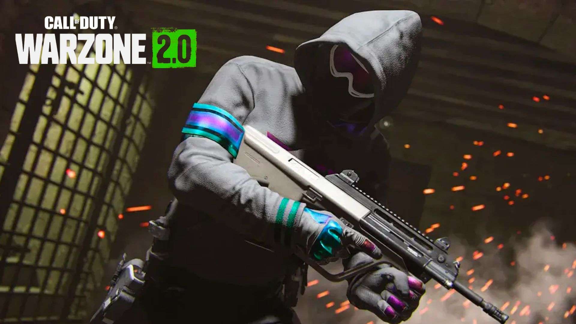 Warzone character in grey and purple skin holding gun next to flames