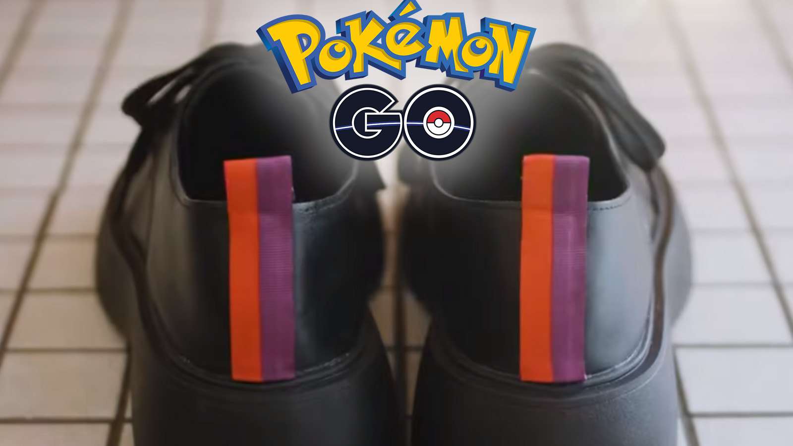 Pokemon Go logo on top of shoes with the scarlet and violet colors
