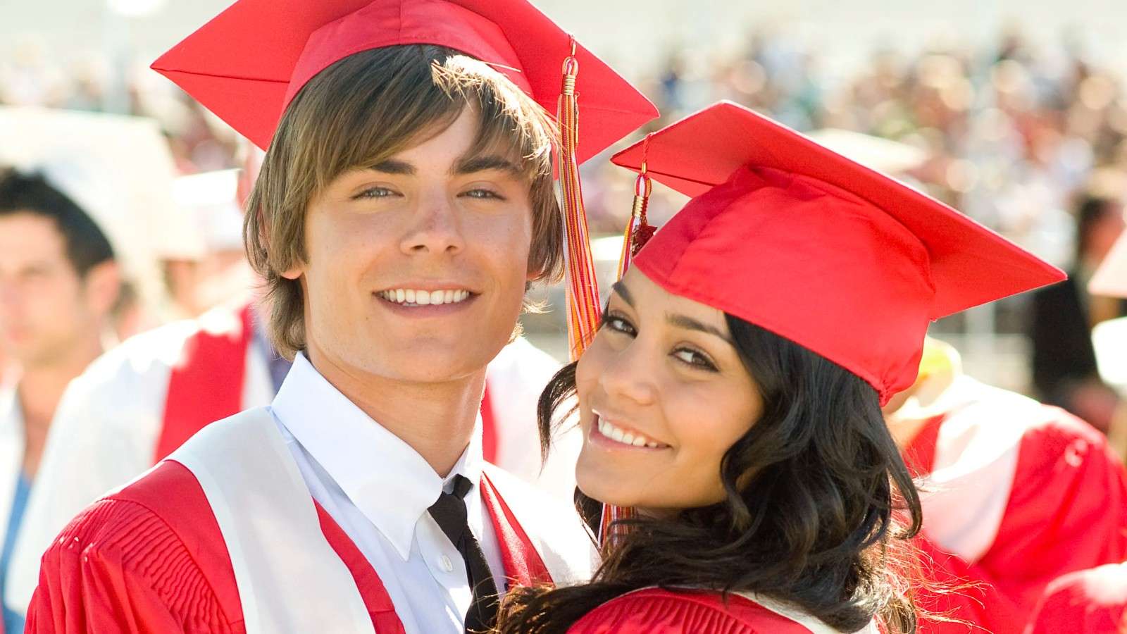 Zac Efron and Vanessa Hudgens as Troy and Gabriella in High School Musical 3