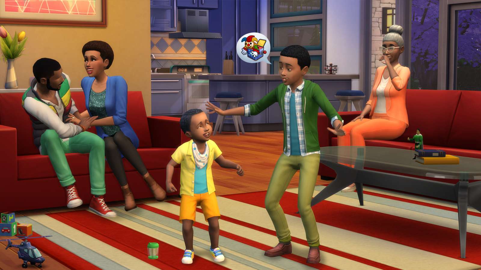 A Sims 4 screenshot featuring three generations of a family