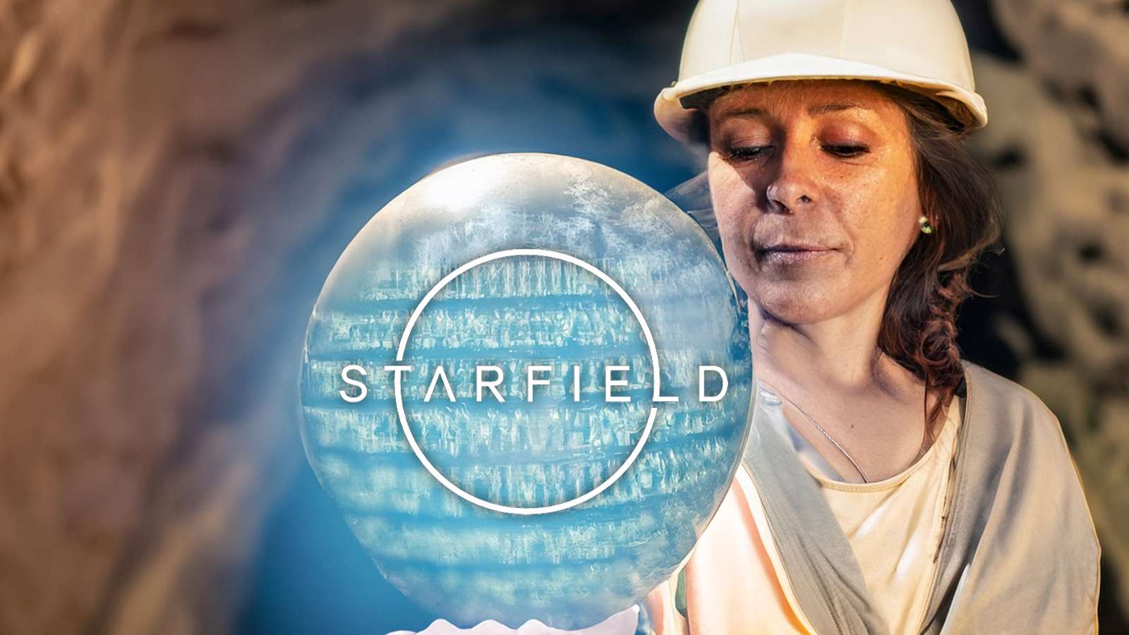 An AI generated woman miner holding up an orb of digital code with the starfield logo inside it