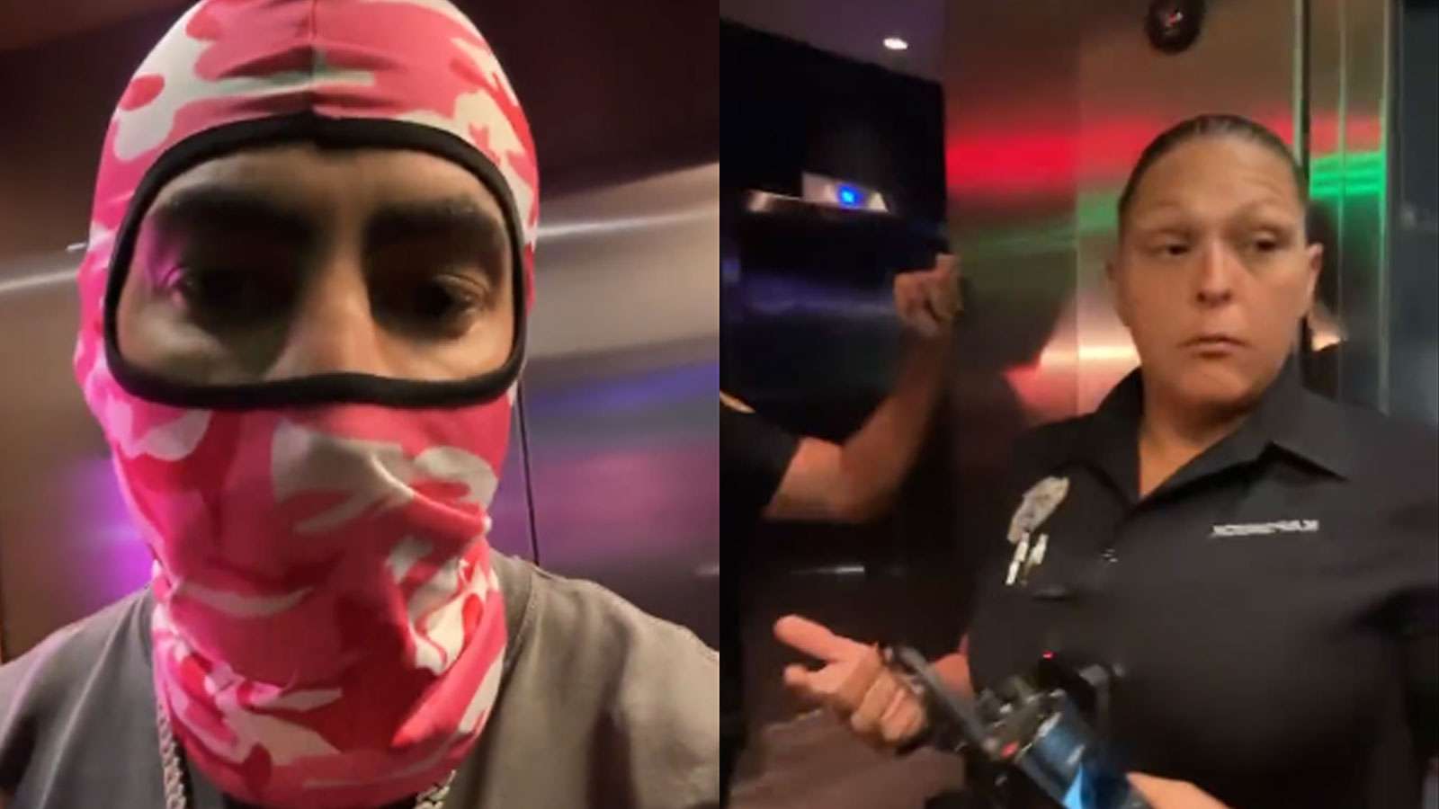 Fousey wearing balaclava next to female police officer