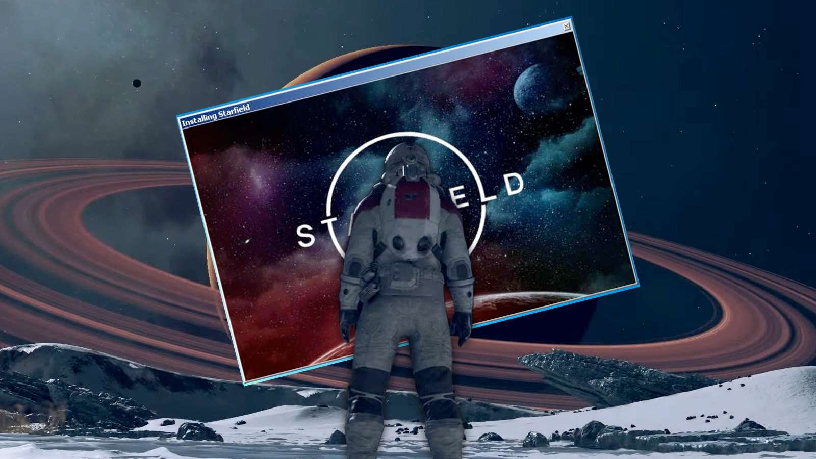 starfield art with the virus floating in space as the space man looks on